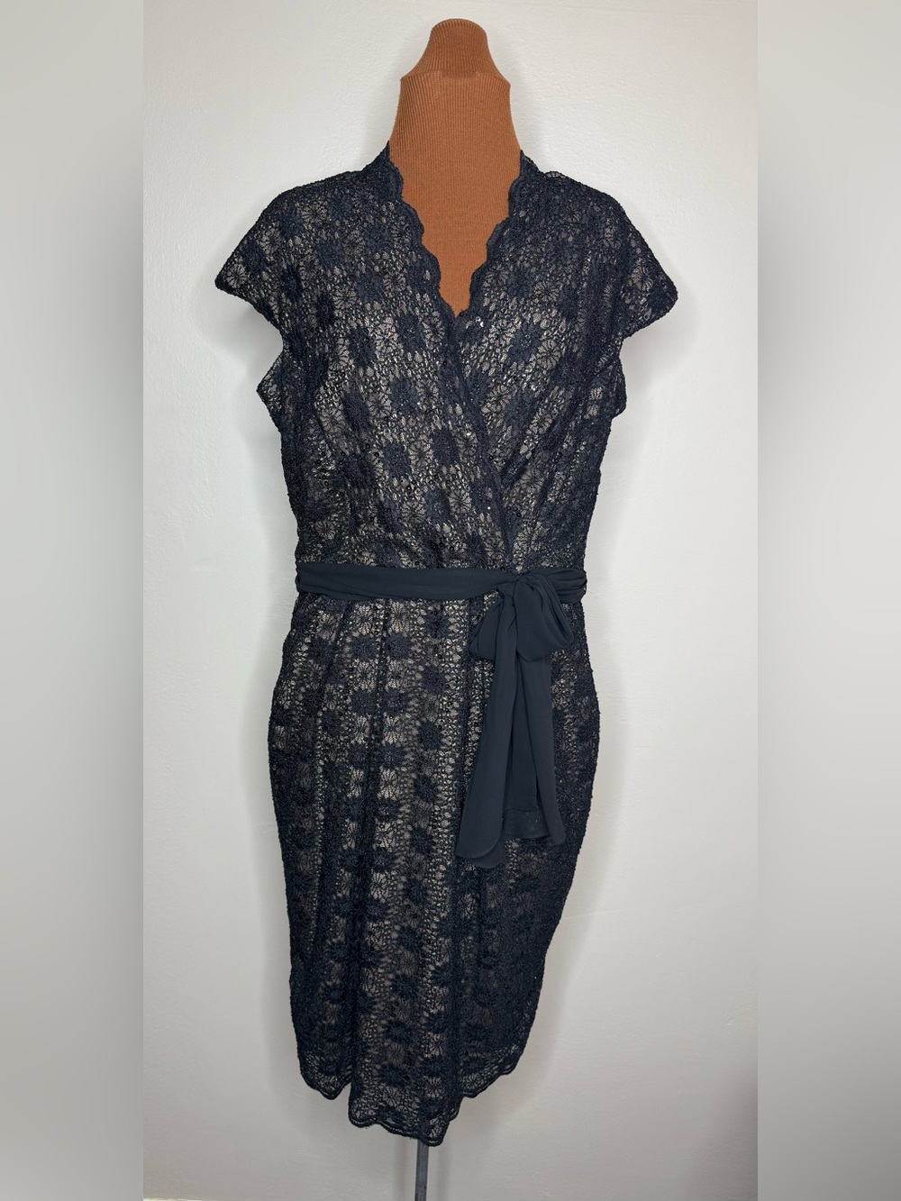 Alex Evenings Black Lace Faux Wrap Style Midi Dress Sequins Size 14